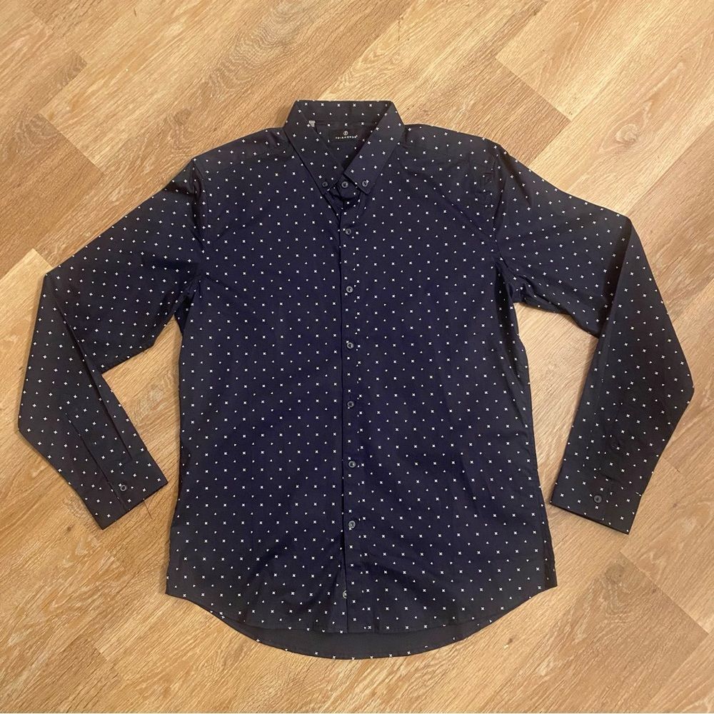 7 Diamonds 4 Way Stretch Pattern Navy Casual Button Down Men’s Med Performance